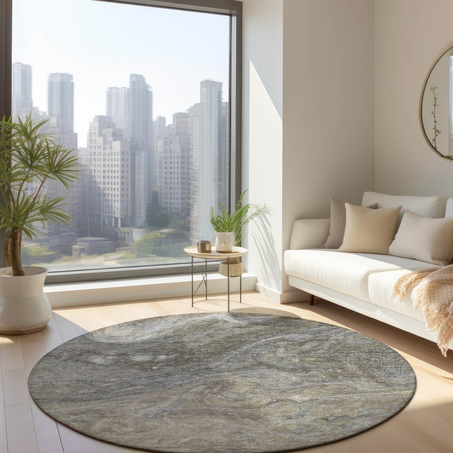 8' Taupe Beige And Ivory Round Abstract Washable Indoor Outdoor Area Rug-8