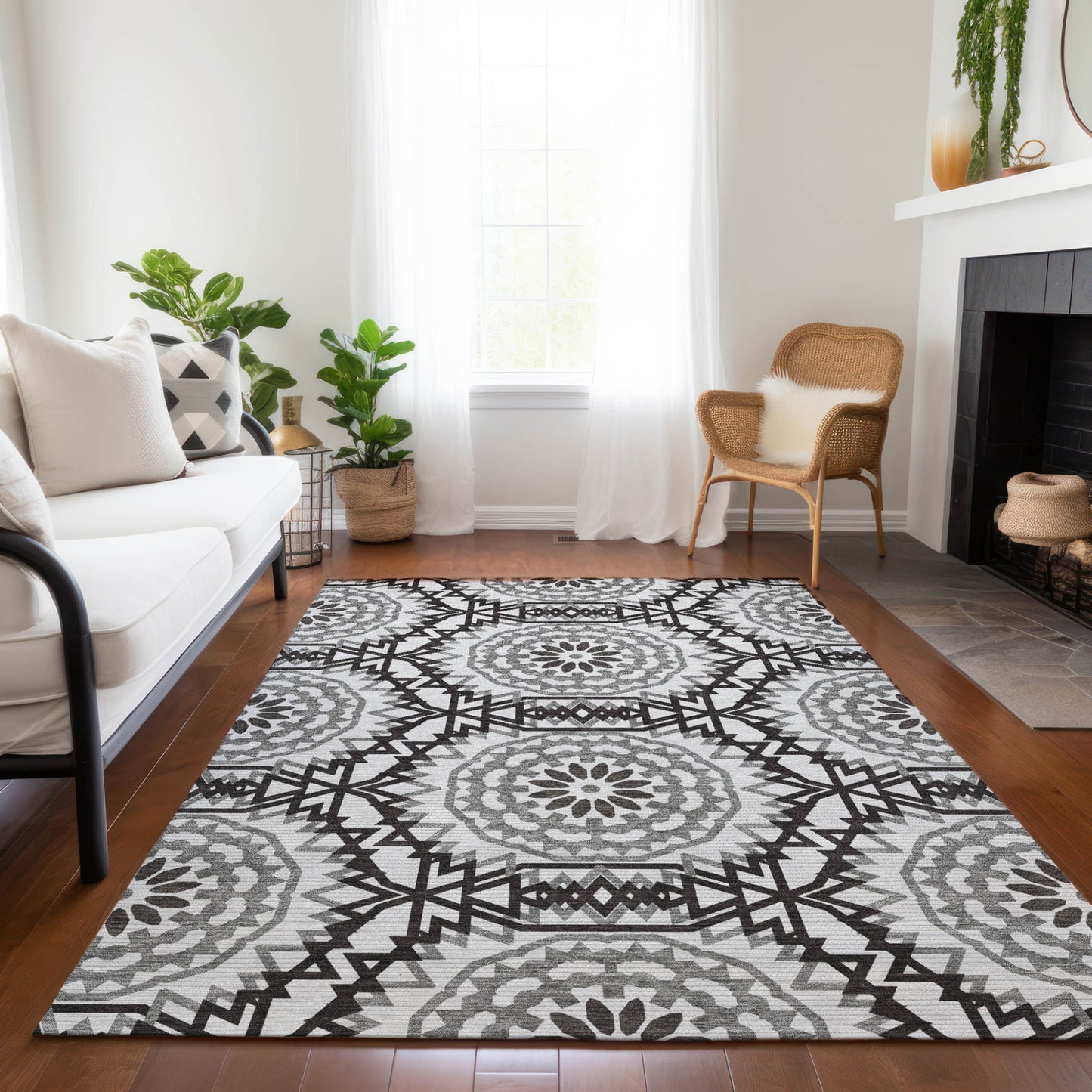 3' X 5' White Black And Gray Floral Medallion Washable Indoor Outdoor Area Rug-7