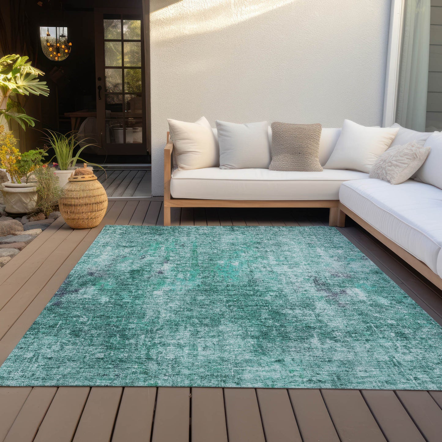 9' X 12' Teal Blue Green And Gray Abstract Washable Indoor Outdoor Area Rug-6