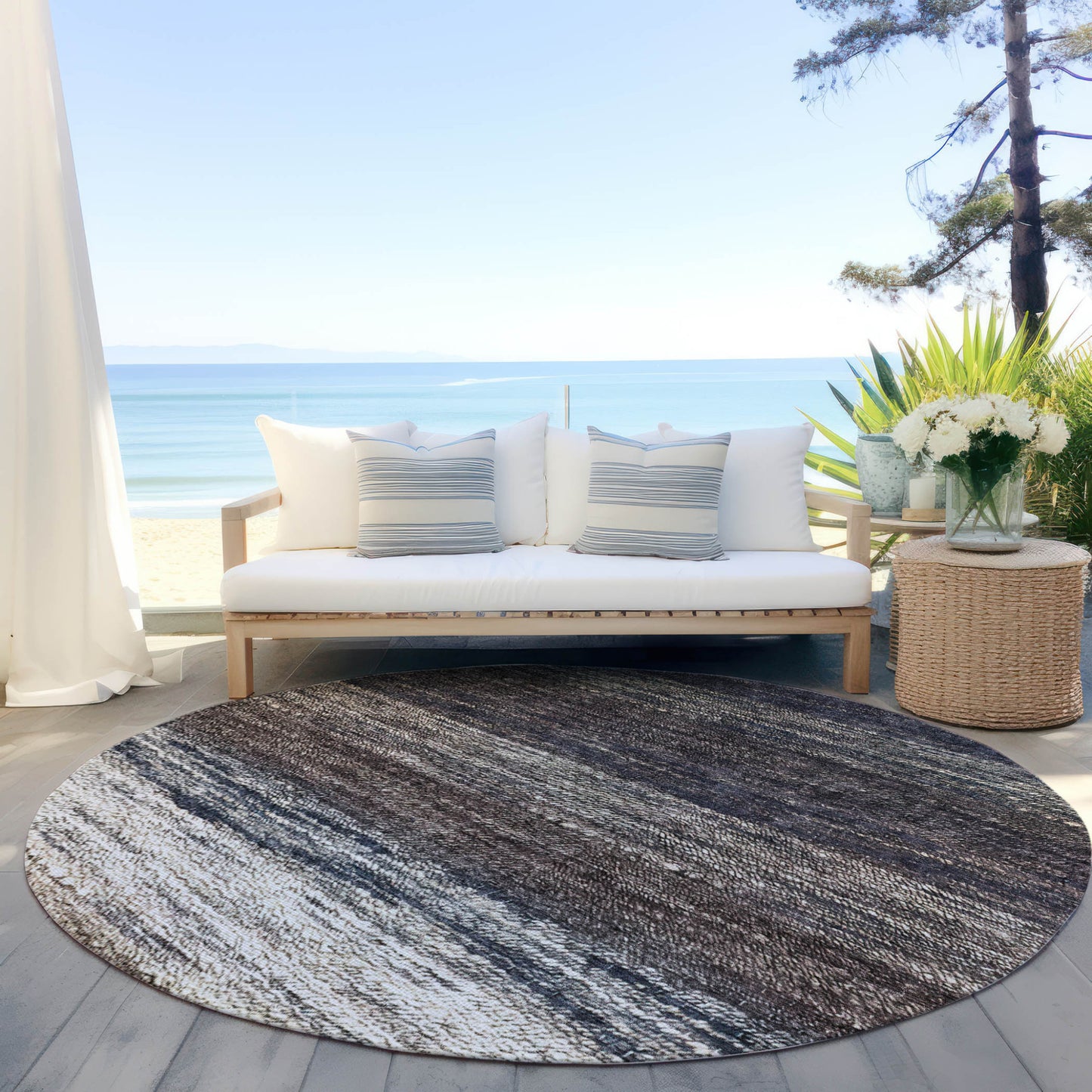 8' Beige Ivory And Brown Round Ombre Washable Indoor Outdoor Area Rug-5