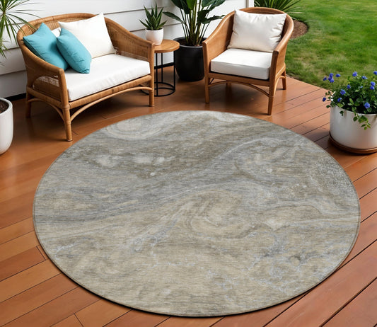 8' Taupe Beige And Ivory Round Abstract Washable Indoor Outdoor Area Rug-0