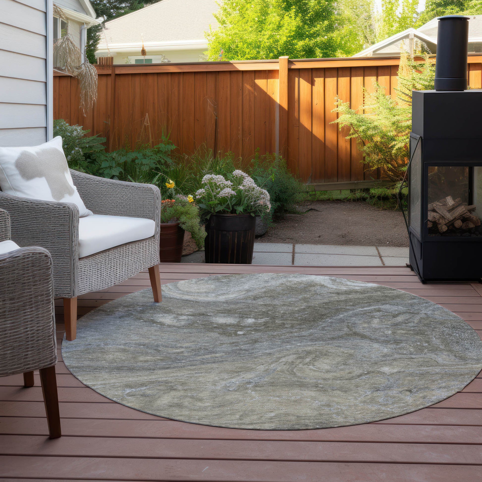 8' Taupe Beige And Ivory Round Abstract Washable Indoor Outdoor Area Rug-7