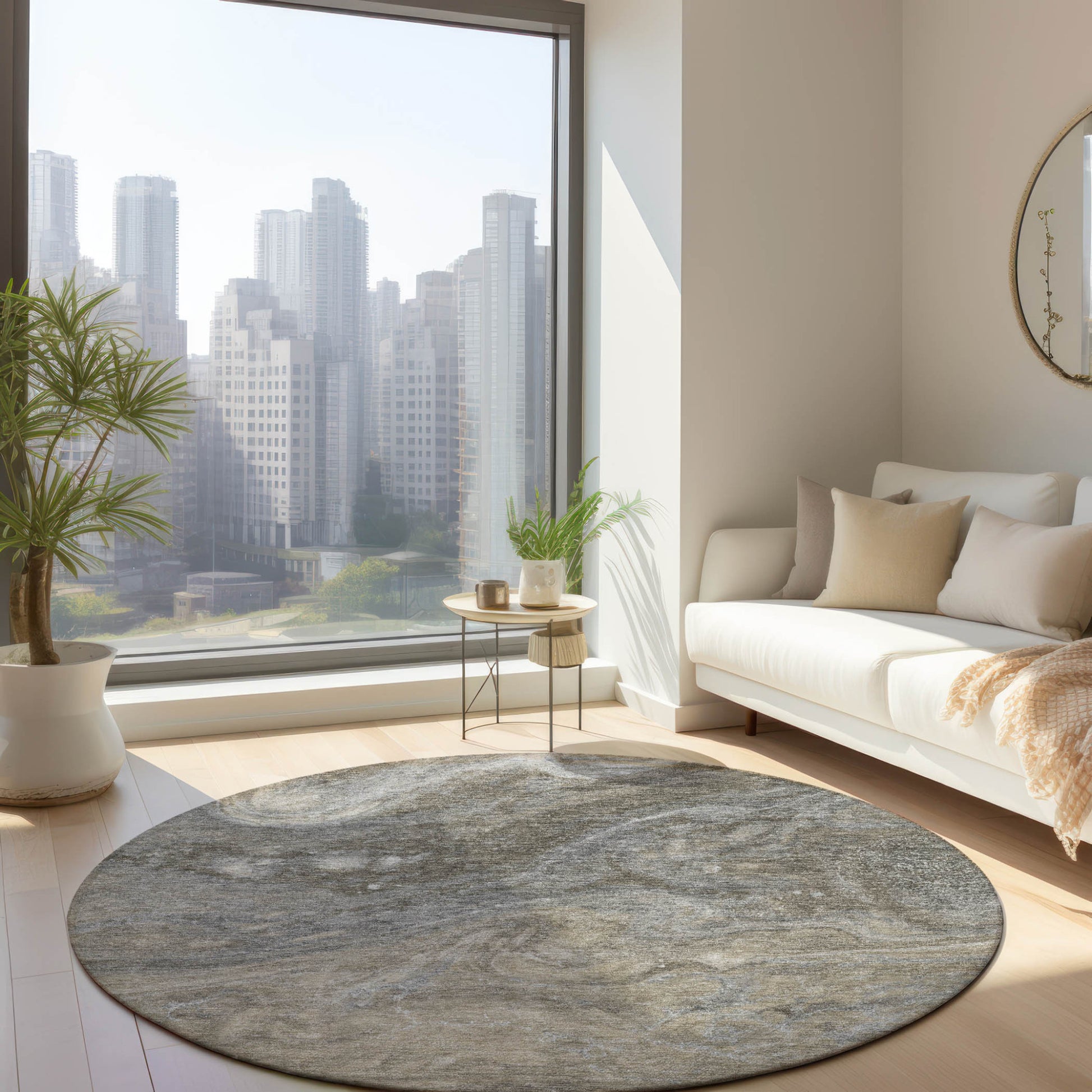 8' Taupe Beige And Ivory Round Abstract Washable Indoor Outdoor Area Rug-8
