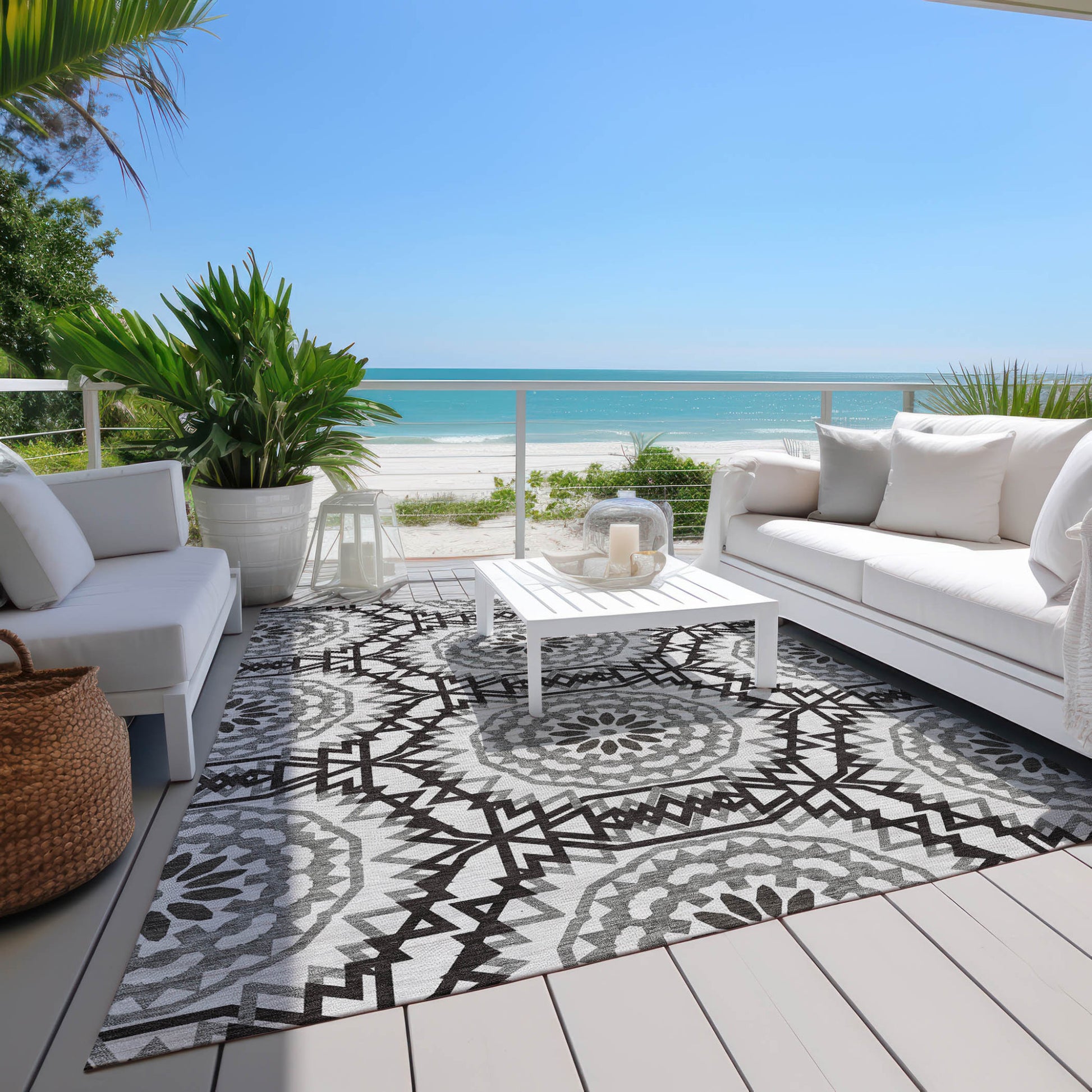 3' X 5' White Black And Gray Floral Medallion Washable Indoor Outdoor Area Rug-5