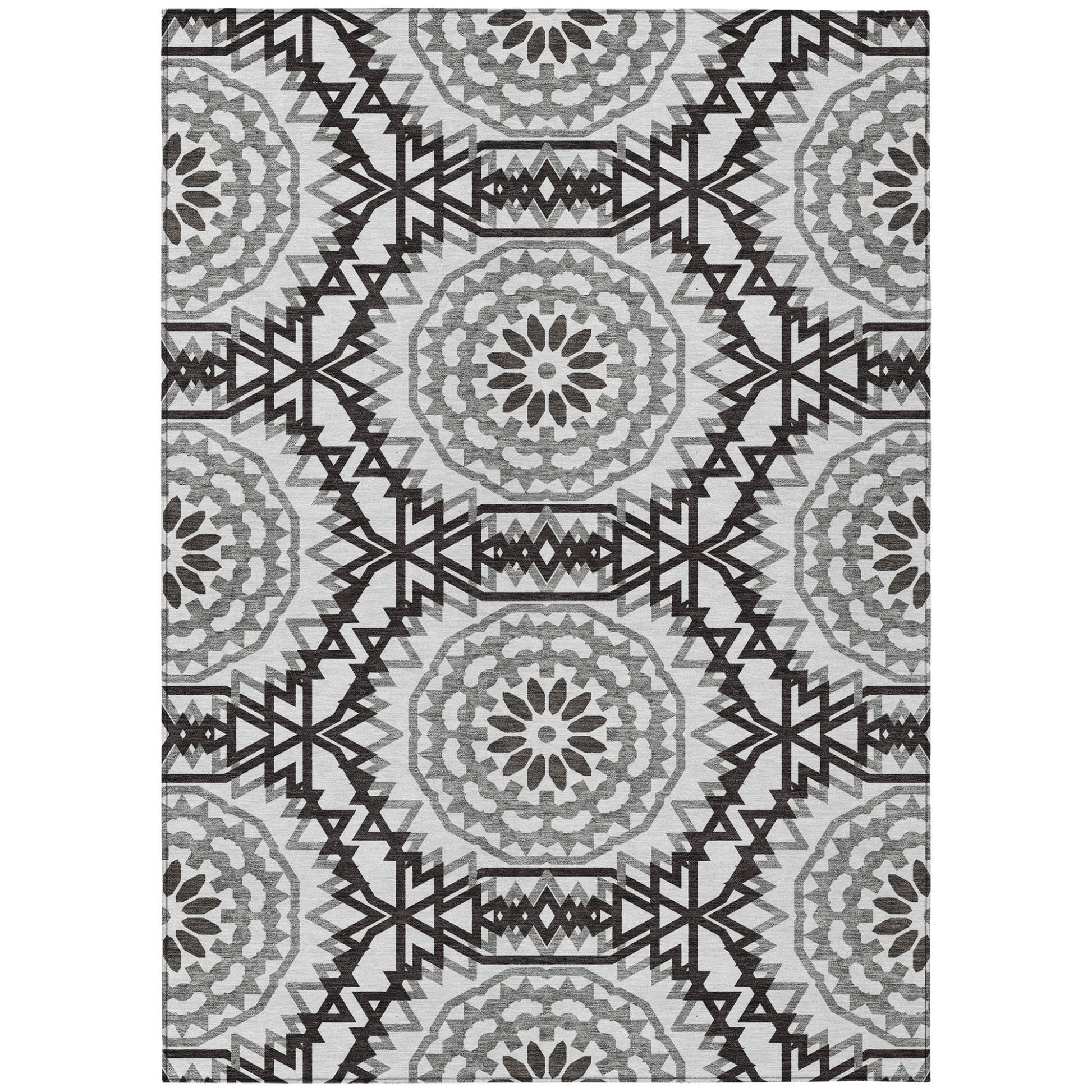 3' X 5' White Black And Gray Floral Medallion Washable Indoor Outdoor Area Rug-1