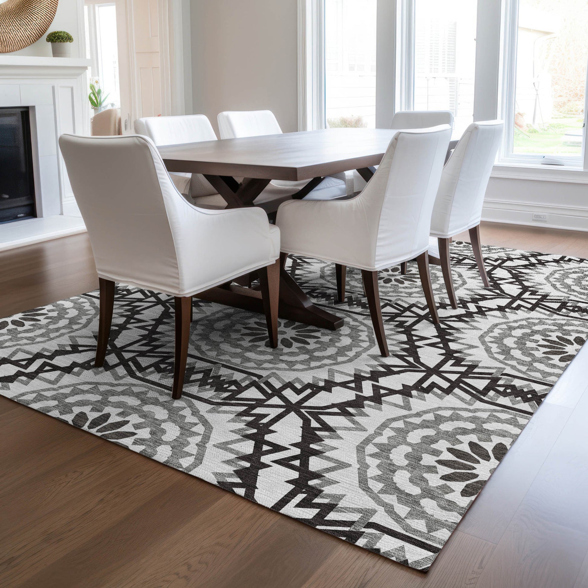 3' X 5' White Black And Gray Floral Medallion Washable Indoor Outdoor Area Rug-6