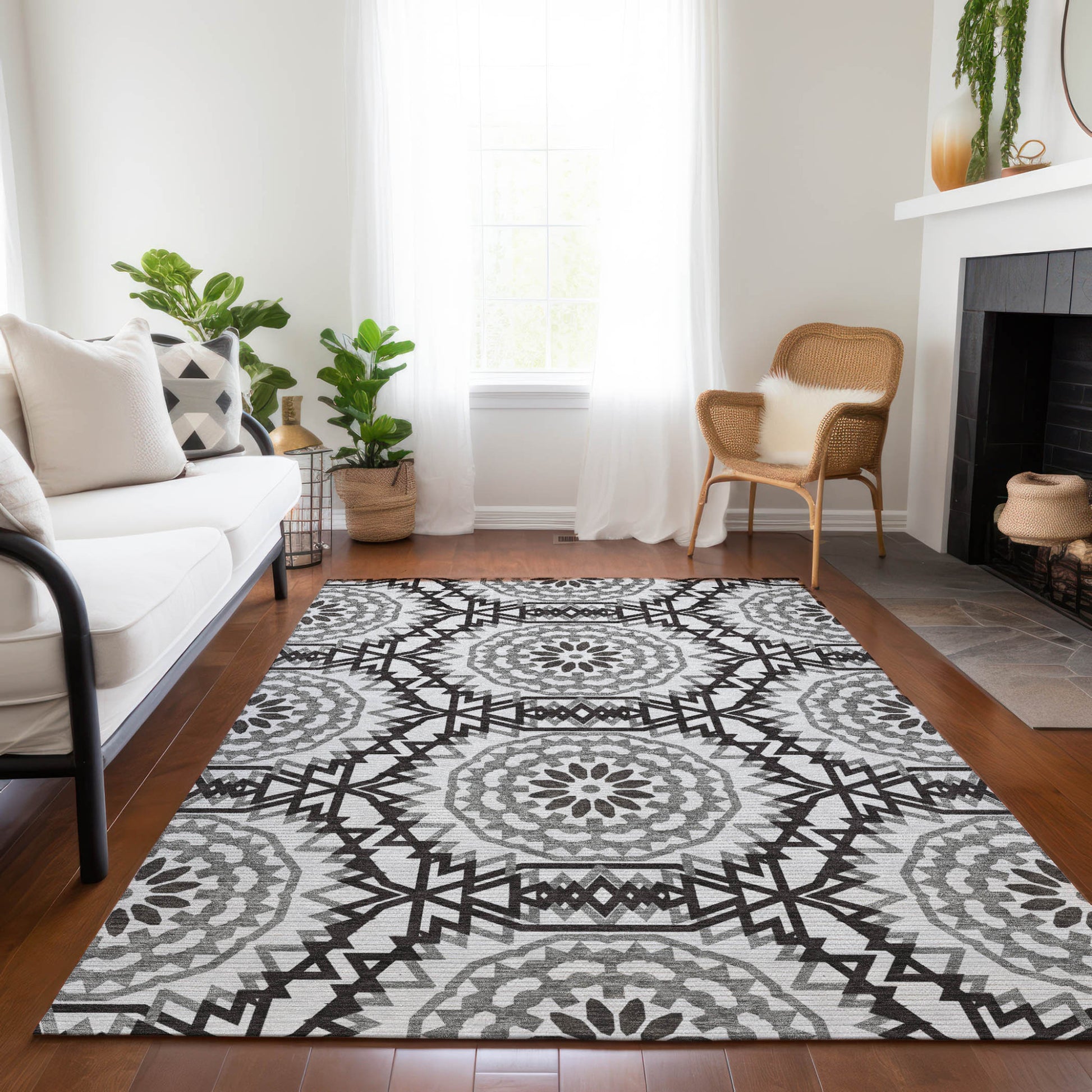 3' X 5' White Black And Gray Floral Medallion Washable Indoor Outdoor Area Rug-7