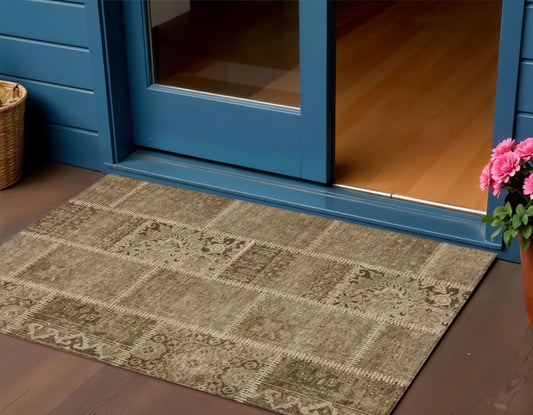3' X 5' Brown And Beige Patchwork Washable Indoor Outdoor Area Rug-0