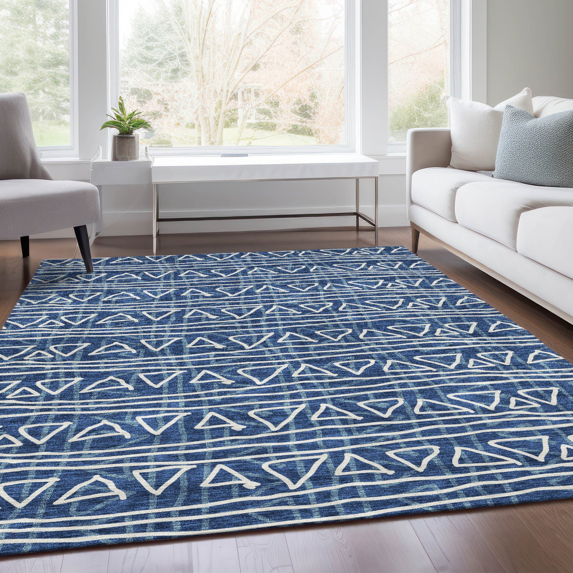 3' X 5' Navy Blue And Ivory Geometric Washable Indoor Outdoor Area Rug-6